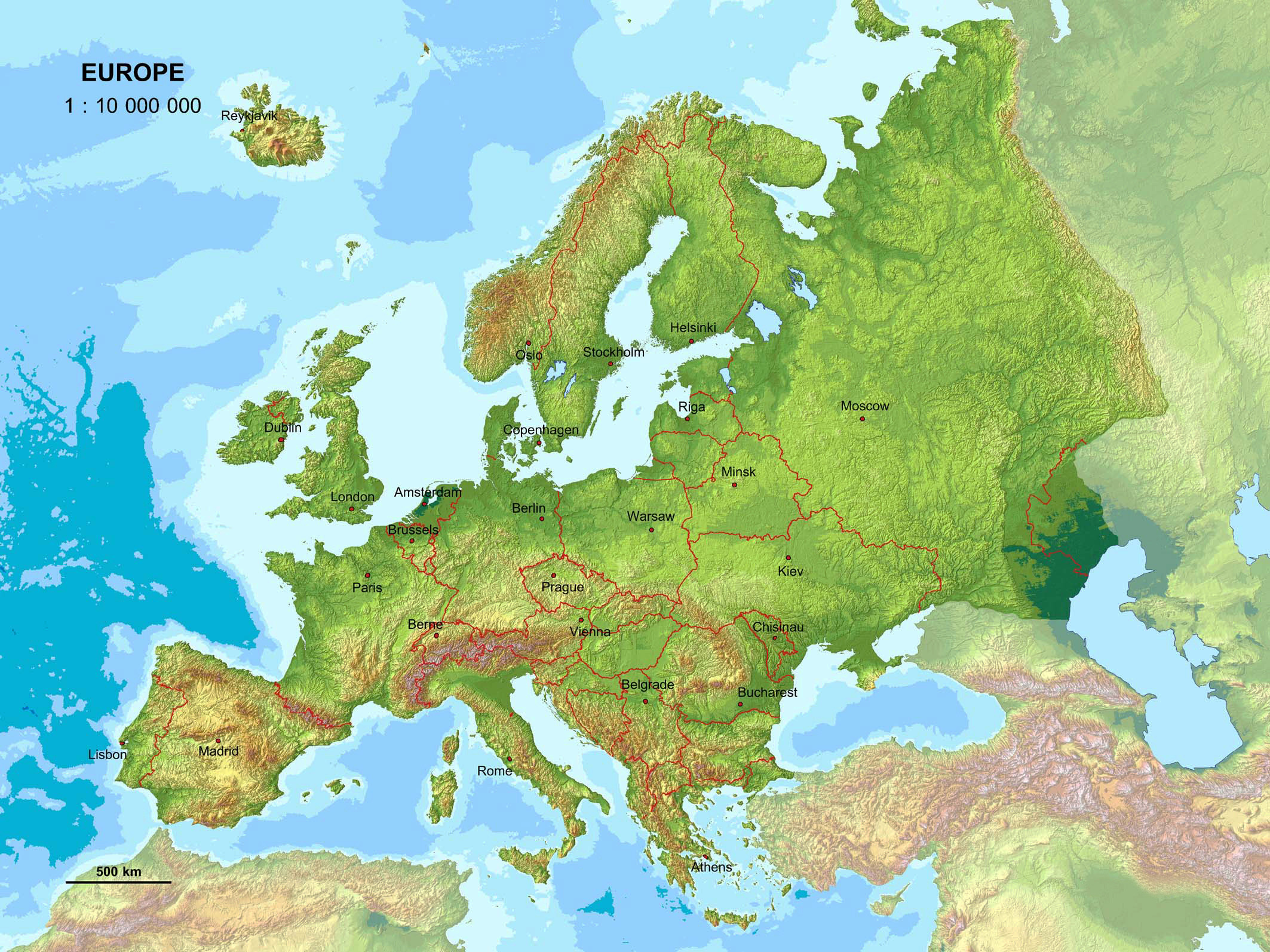 Большая подробная рельефная карта Европы Европа большая подробная